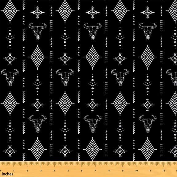 Manfei Bohemian Aztec Fabric by the Yard (1 Yard), Rustic Cow Skull Decorative Fabric by the Yard, Black White Geometric Sewing & Crafting Fabric, Stylish Living Room Decor