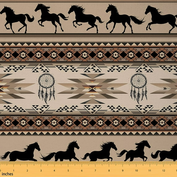 Manfei Bohemian Aztec Fabric by the Yard (10 Yards), Hippie Dreamcatcher Decorative Fabric by the Yard, Farmhouse Horse DIY Fabric, Brown Black