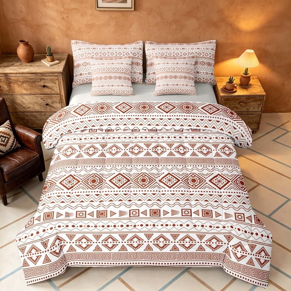 Manfei Bohemian Aztec Full Size Bedding Sets, Exotic Style Full Size Bed in a Bag, Brown White, Gray Reversible 7pcs