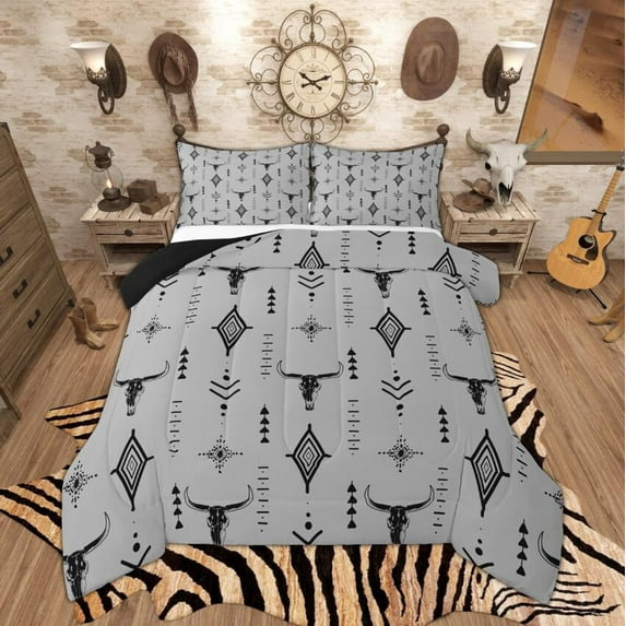 Manfei Bohemian Aztec Full Size Comforter Sets, Aesthetic Black Gray Bedding Comforter Set, Tribal Geometric Bedding Sets, Super Cozy Bedroom Decor, Reversible 3pcs