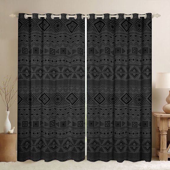 Manfei Bohemian Aztec Kitchen Curtains,Exotic Style Black Out Curtains Pack of 2 (42x63 Each), Gray Black