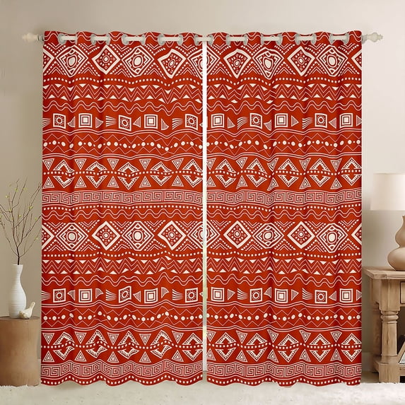 Manfei Bohemian Aztec Kitchen Curtains,Exotic Style Black Out Curtains Pack of 2 (42x63 Each), Red White