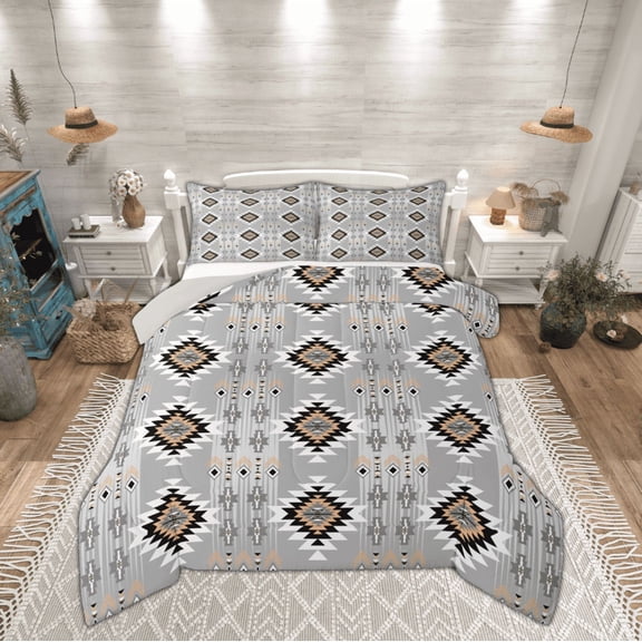 Manfei Bohemian Aztec Queen Comforter Set for Adult, Grey Tribal Geometric Bedding Sets, Southwestern Reversible Bedding Comforter Set, Lightweight Room Decor, 3pcs
