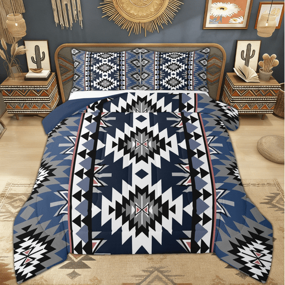 Manfei Bohemian Aztec Queen Comforter Set for Adult, Navy Blue Tribal Geometric Bedding Sets, Southwestern Reversible Bedding Comforter Set, Lightweight Room Decor, 3pcs