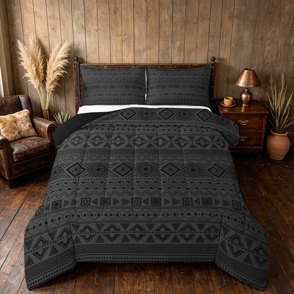 Manfei Bohemian Aztec Queen Comforter Set,Exotic Style Comforter Sets Queen, Gray Black, Black Reversible 3pcs, 1 Comforter and 2 Pillowcases