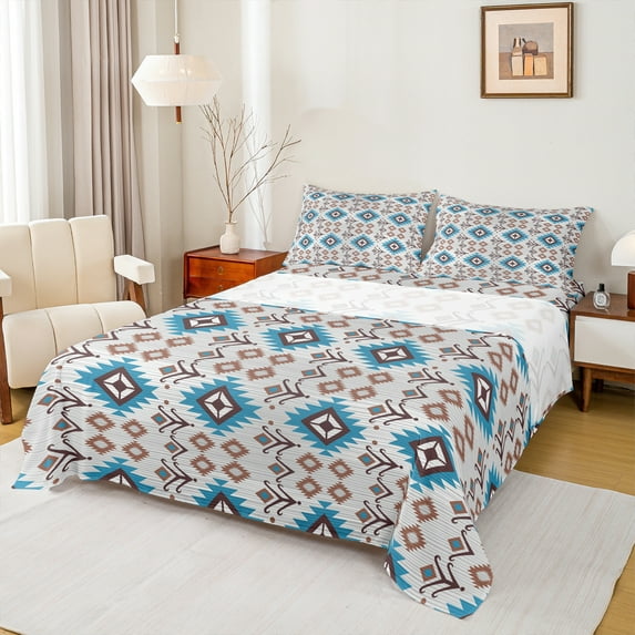Manfei Bohemian Aztec Queen Sheet Sets for Adult, Grey Blue Tribal Geometric Flat Sheet, Southwestern Queen Fitted Sheet, Microfiber Bedroom Decor, 4-Piece
