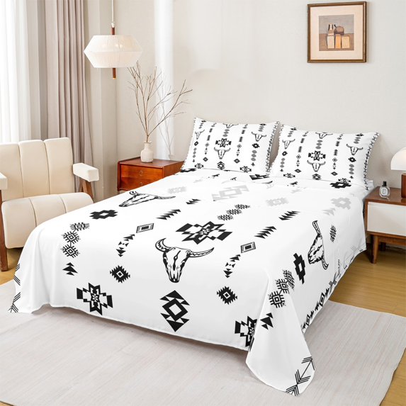 Manfei Bohemian Aztec Queen Sheet Sets for Adult, Hippie Sheep Skull Flat Sheet, Mandala Boho Style Queen Fitted Sheet, Lightweight Room Decor, 4 Pieces
