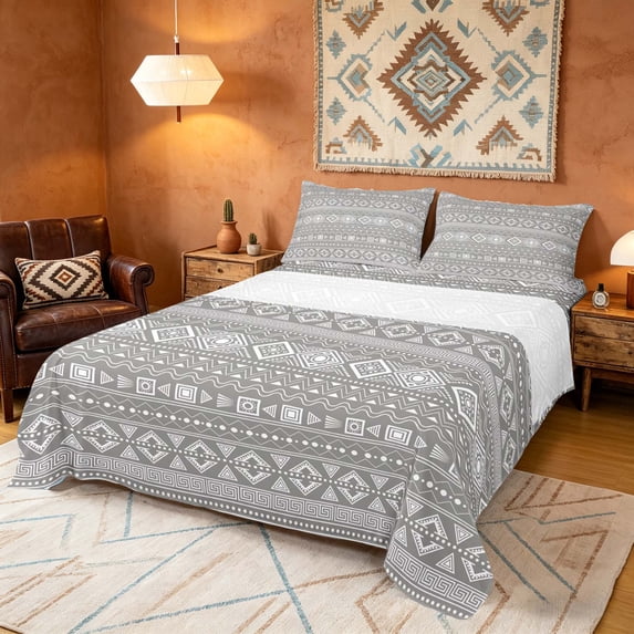 Manfei Bohemian Aztec Queen Sheets,Exotic Style Queen Sheet Sets, Gray White, Gray Reversible 4pcs1 Flat Sheet + 1 Fitted Sheet + 2 Pillowcases