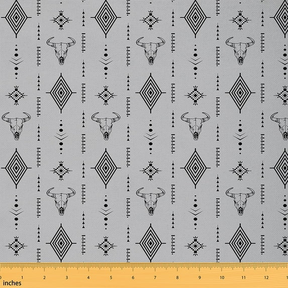 Manfei Bohemian Aztec Sewing & Crafting Fabric (1 Yard), Rustic Cow Skull Home Decor Fabric by the Yard, Black Gray Geometric Fabric by the Yard, Stylish Living Room Decor