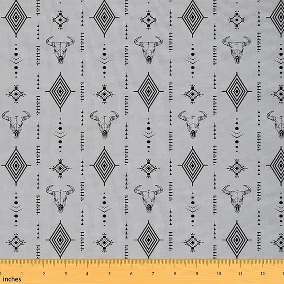 Manfei Bohemian Aztec Sewing & Crafting Fabric (1 Yard), Rustic Cow Skull Home Decor Fabric by the Yard, Black Gray Geometric Fabric by the Yard, Stylish Living Room Decor