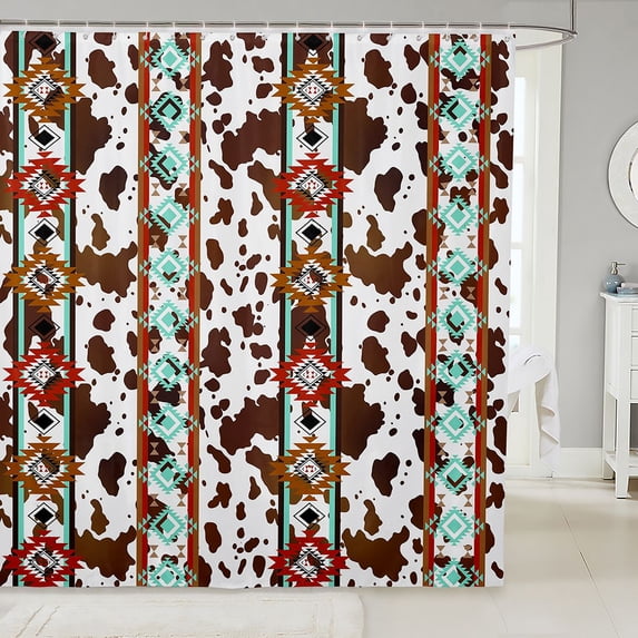 Manfei Bohemian Aztec Shower Curtain 72Wx84L,Rustic Cow Print Bathroom Shower Curtain,Red Teal Brown