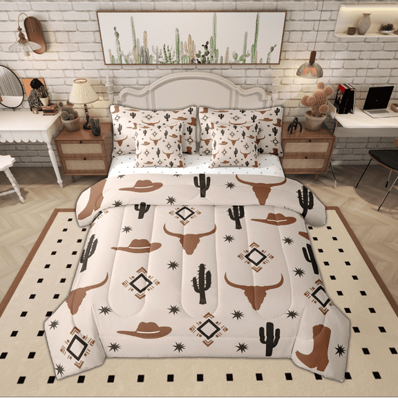 Manfei Bohemian Aztec Teens Bedding Comforter Set 7pcs, Rustic Farmhouse Cactus Queen Bedding Sets, Southwestern Reversible Queen Sheet Sets, Microfiber Bedroom Decor