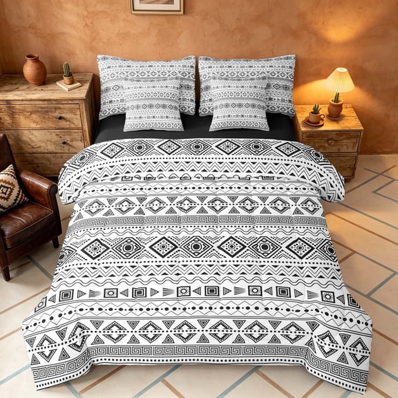Manfei Bohemian Aztec Twin Bedding,Exotic Style Bedding Comforter Set, Black White, Black Reversible 7pcs