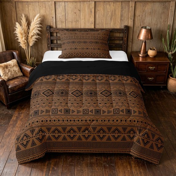 Manfei Bohemian Aztec Twin Comforter Sets,Exotic Style Bedding Set, Brown Black, Black Reversible 2 Pieces, 1 Comforter and 1 Pillowcase