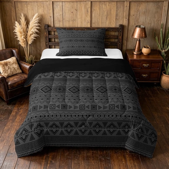 Manfei Bohemian Aztec Twin Comforter Sets,Exotic Style Bedding Set, Gray Black, Black Reversible 2pcs, 1 Comforter and 1 Pillowcase