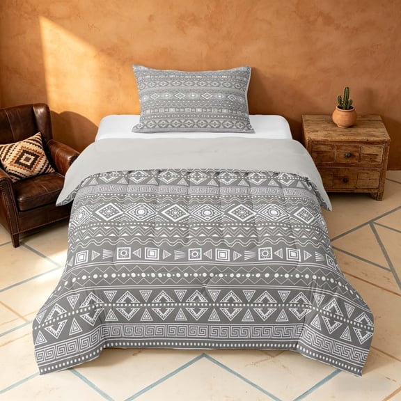 Manfei Bohemian Aztec Twin Comforter Sets,Exotic Style Bedding Set, Gray White, Gray Reversible 2pcs, 1 Comforter and 1 Pillowcase