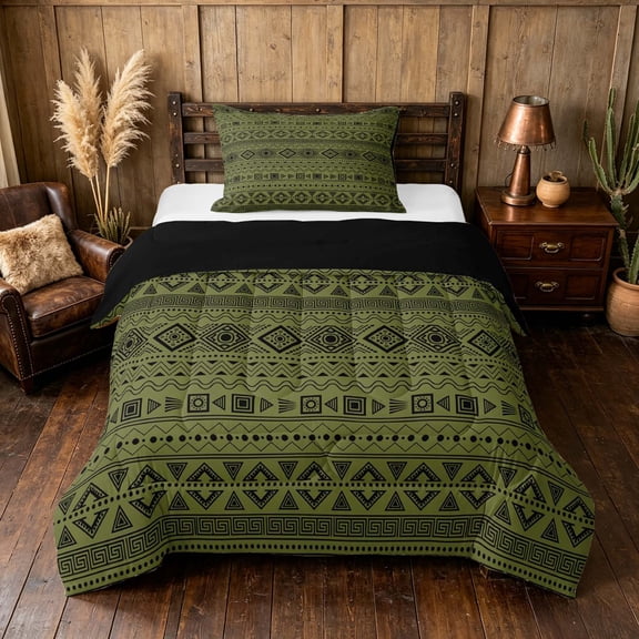 Manfei Bohemian Aztec Twin Comforter Sets,Exotic Style Bedding Set, Green Black, Black Reversible 2 Pieces, 1 Comforter and 1 Pillowcase