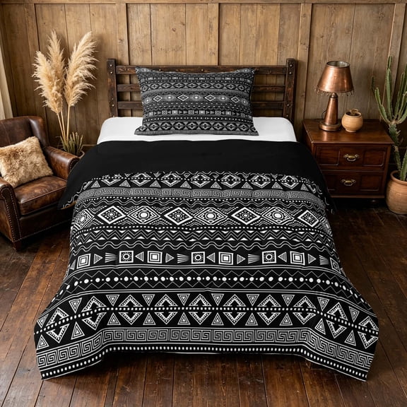 Manfei Bohemian Aztec Twin Comforter Sets,Exotic Style Bedding Set, White Black, Black Reversible 2pcs, 1 Comforter and 1 Pillowcase