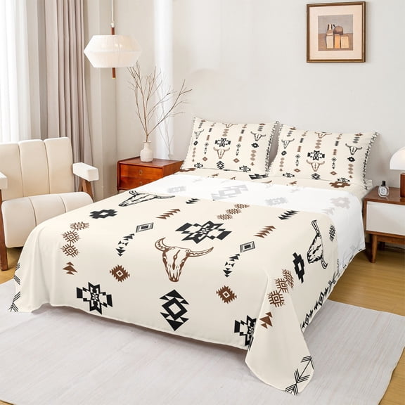 Manfei Bohemian Aztec Twin Sheet Sets for Adult, Hippie Sheep Skull Twin Fitted Sheet, Mandala Boho Style Flat Sheet, Super Cozy Room Decor, 3 Pieces