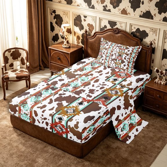 Manfei Bohemian Aztec Twin Sheets 3pcs,Rustic Cow Print Bedding,Red Teal Brown,1 Flat Sheet,1 Fitted Sheet and 1 Pillowcase