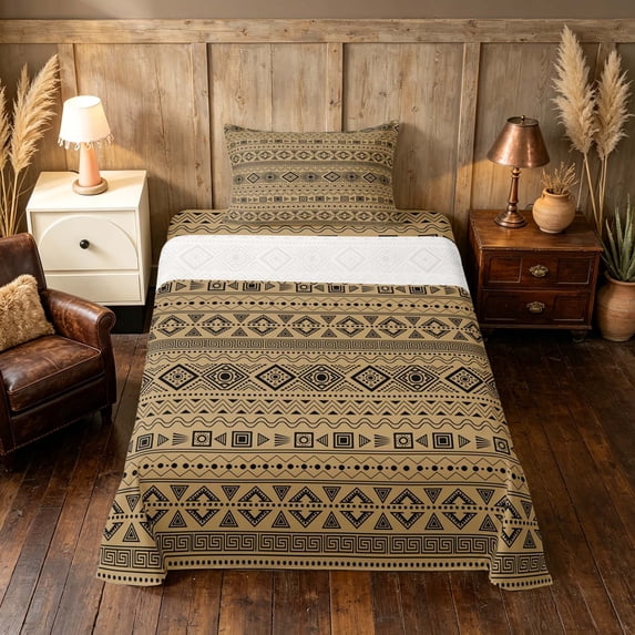 Manfei Bohemian Aztec Twin Sheets,Exotic Style Bedding, Beige Black, Black Reversible 3-Piece1 Flat Sheet + 1 Fitted Sheet + 1 Pillowcase