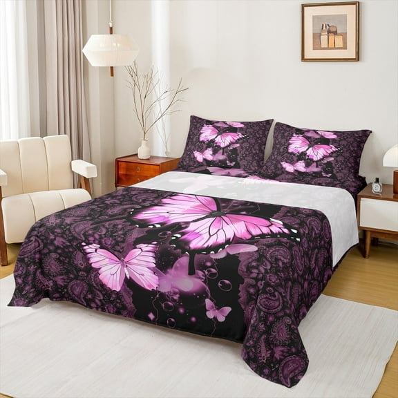 Manfei Bohemian Butterfly Bed Sheets, Mandala Pink Paisley King Sheets, Hippie Western Animal Sheet Set, Lightweight Room Decor, 4 Pieces