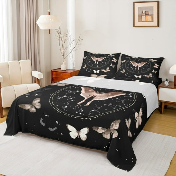 Manfei Bohemian Butterfly Bed Sheets, Mystic Constellation King Sheets, Hippie Western Animal Sheet Set, Luxury Bedroom Decor, 4 Pieces