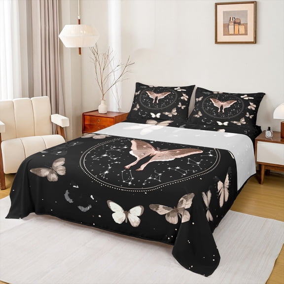 Manfei Bohemian Butterfly Bed Sheets, Mystic Constellation King Sheets, Hippie Western Animal Sheet Set, Luxury Bedroom Decor, 4 Pieces