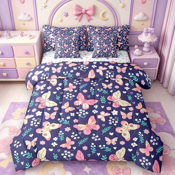 Manfei Bohemian Butterfly Floral 7-Piece Twin Bedding,Countryside Leaves Bedding Comforter Set,Colorful Stars Reversible