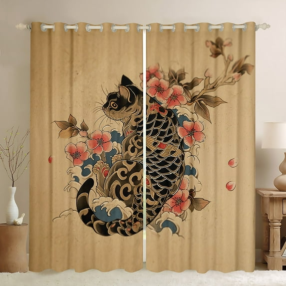 Manfei Bohemian Cat Blackout Curtains Set of 2 (52x84 Each),Japanese Style Window Curtains,Retro Rustic Flowers Curtains and Drapes For Men Women,Ultra Soft Home Decor