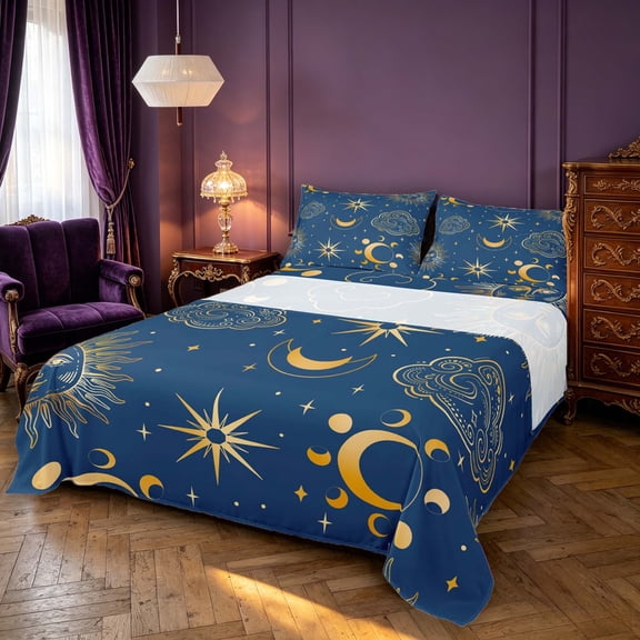 Manfei Bohemian Celestial Stars Queen Sheets,Retro Sun Moon Clouds Queen Sheet Sets,Gold Blue,4 Pieces,1 Flat Sheet,1 Fitted Sheet and 2 Pillowcases