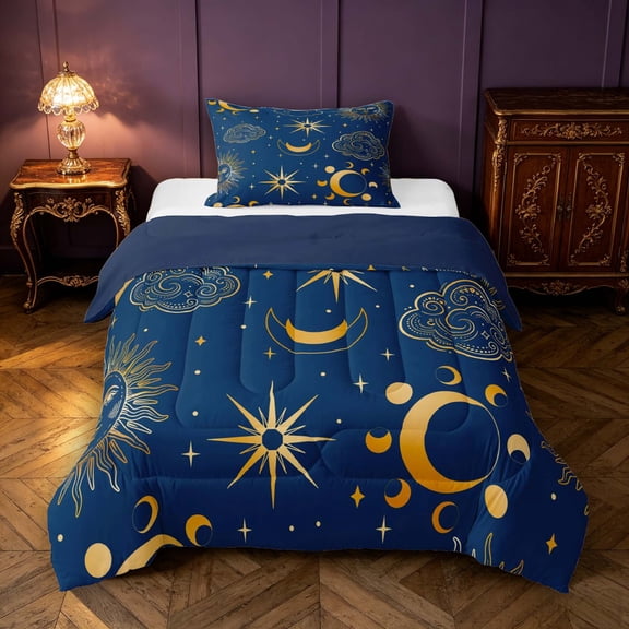 Manfei Bohemian Celestial Stars Twin Comforter Sets,Retro Sun Moon Clouds Bedding Set,Gold Blue,Navy Blue Reversible,2pcs,1 Comforter and 1 Pillowcase