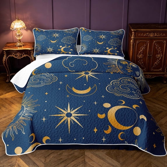 Manfei Bohemian Celestial Stars Twin Quilt Set,Retro Sun Moon Clouds Twin Coverlet Set,Gold Blue,Navy Blue Reversible,2pcs,1 Bedspread and 1 Pillowcase
