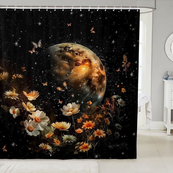 Manfei Bohemian Cosmic Planet Shower Curtain 72Wx78L,Boho Butterfly Floral Bath Curtain,Black Cream