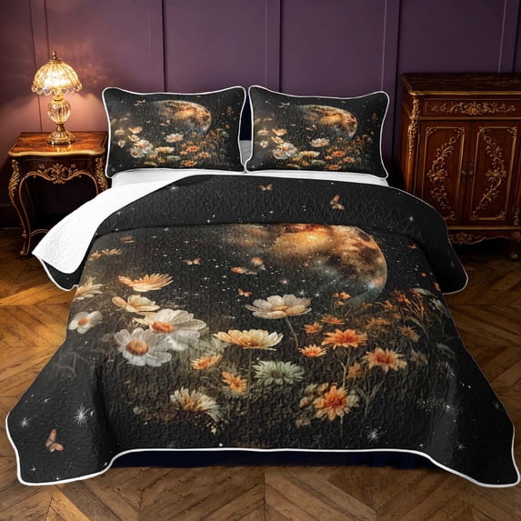 Manfei Bohemian Cosmic Planet Twin Quilt Set,Boho Butterfly Floral Twin Coverlet Set,Black Cream,Black Reversible,2 Pieces,1 Bedspread and 1 Pillowcase