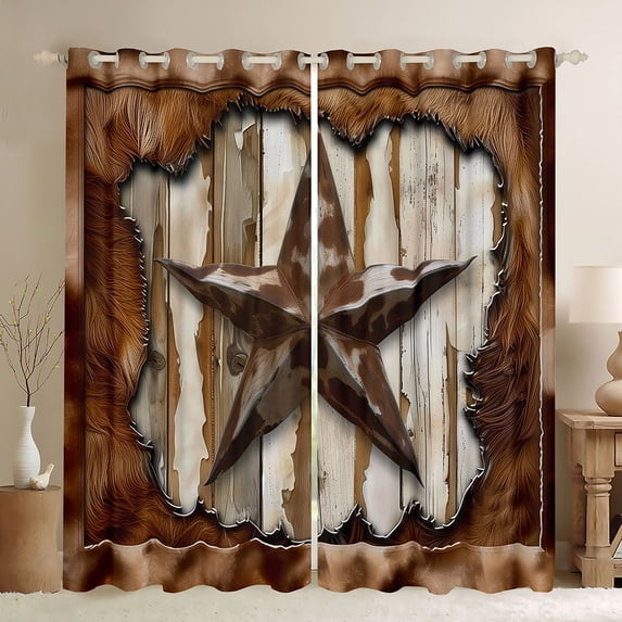 Manfei Bohemian Cowhide Stars Blackout Curtains Set of 2 (38x54 Each),Rustic Farmhouse Lodge Living Room Curtains,Cream Brown