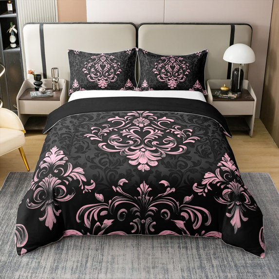 Manfei Bohemian Damask 100% Cotton Duvet Cover Queen Size, Black Pink Bedding Sets Queen Size, Victorian Flower Bed Set, Breathable Bedroom Decoration