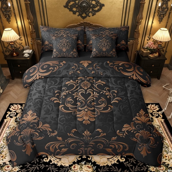 Manfei Bohemian Damask 7-Piece Bedding Sets King Size, Black Brown Comforter Sets with Sheets, Victorian Flower Bedding Accessories, Breathable Bedroom Decoration