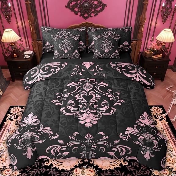 Manfei Bohemian Damask 7-Piece Bedding Sets King Size, Black Pink Comforter Sets with Sheets, Victorian Flower Bedding Accessories, Breathable Bedroom Decoration