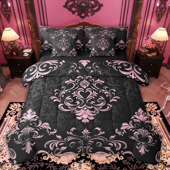 Manfei Bohemian Damask 7-Piece Bedding Sets King Size, Black Pink Comforter Sets with Sheets, Victorian Flower Bedding Accessories, Breathable Bedroom Decoration
