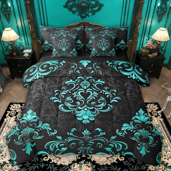 Manfei Bohemian Damask 7-Piece Bedding Sets Queen Size, Black Cyan Comforter Sets with Sheets, Victorian Flower Bedding Accessories, Breathable Bedroom Decoration