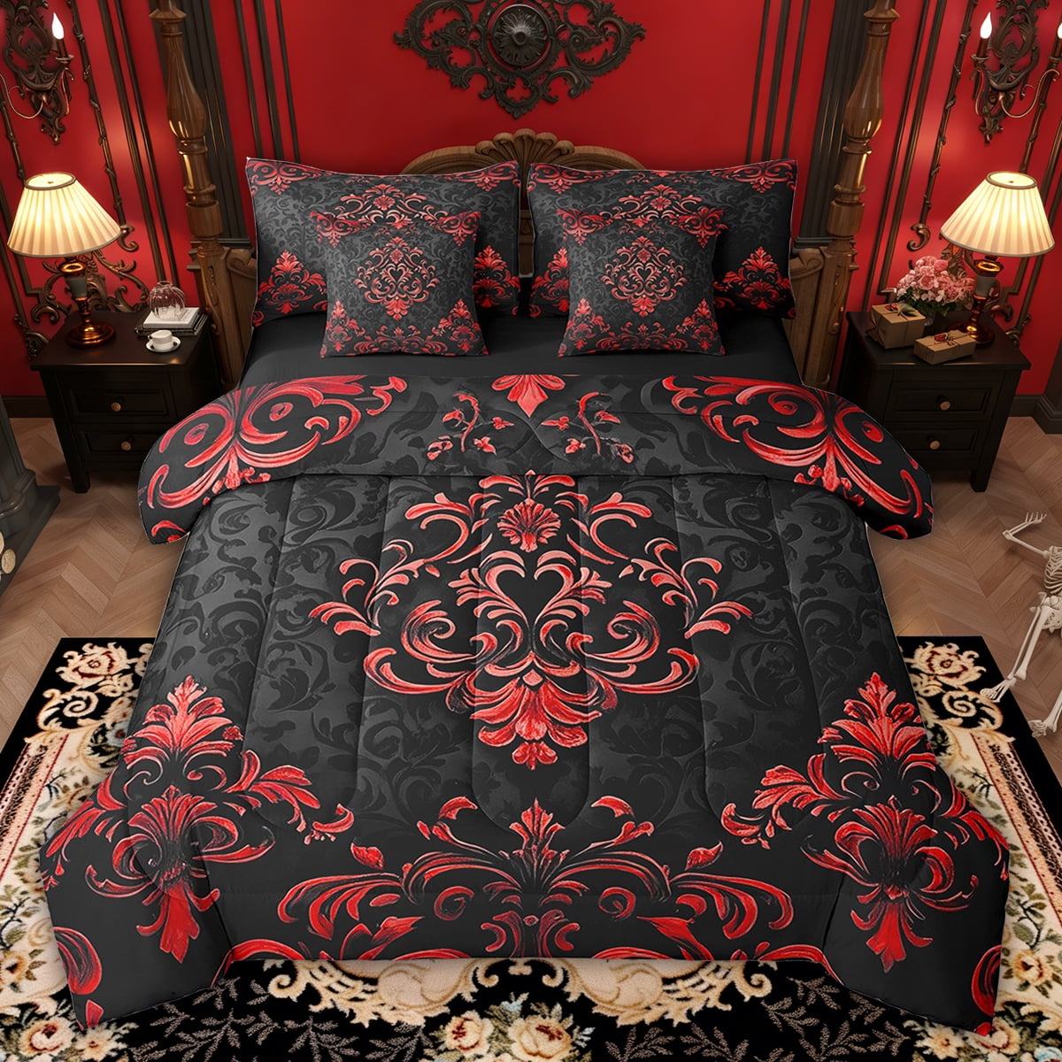 Manfei Bohemian Damask 7-Piece Bedding Sets Queen Size, Black Red ...