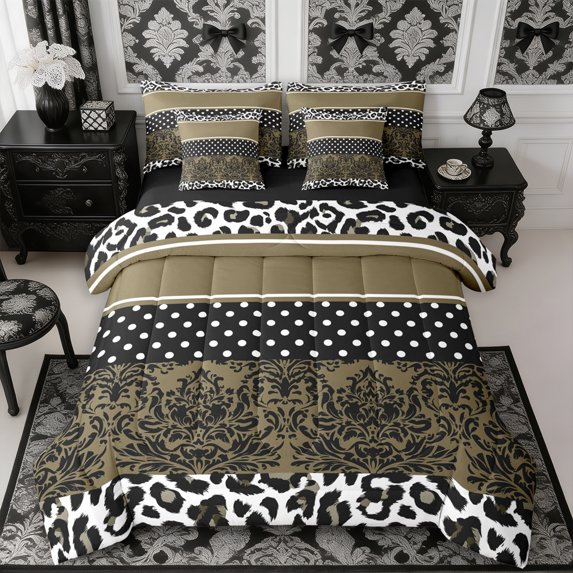 Manfei Bohemian Damask 7-Piece Twin Bedding,Vintage Leopard Print Bedding Comforter Set,Reversible