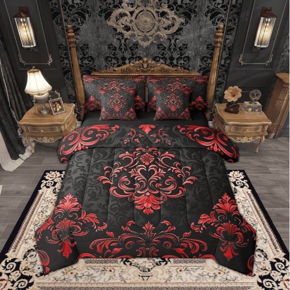 Manfei Bohemian Damask 7 Pieces Bed in a Bag Twin Size, Black Red Bed Set, Victorian Flower Bed Sheets Setp with Comforter, Breathable Bedroom Decoration