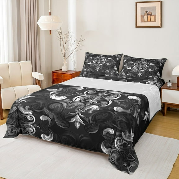 Manfei Bohemian Damask Bed Sheets, Black Gray Floral King Sheets, Hippie Victorian Flower Sheet Set, Ultra Soft Home Decor 4 Pieces
