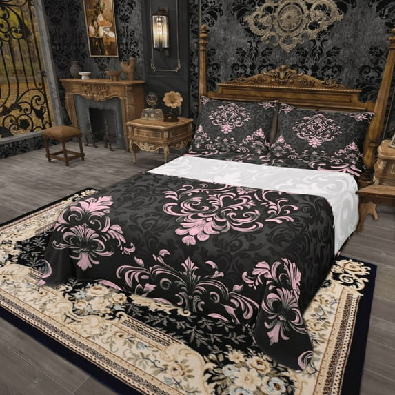 Manfei Bohemian Damask Bed Sheets Full, Black Pink Bedding Full Size, Victorian Flower Bedroom Set, Breathable Bedroom Decoration, Top Sheet + Fitted Sheet + Pillowcase