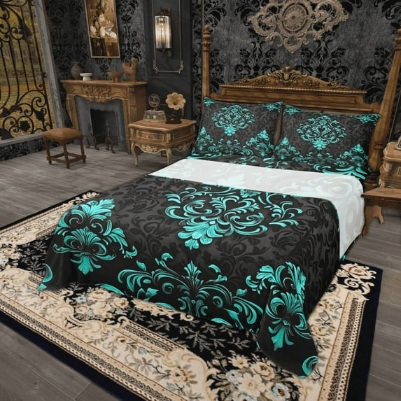 Manfei Bohemian Damask Bed Sheets King, Black Cyan Bedding King Size, Victorian Flower Bedroom Set, Breathable Bedroom Decoration, Top Sheet + Fitted Sheet + Pillowcase