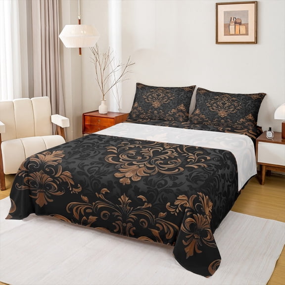 Manfei Bohemian Damask Bed Sheets Set Queen Size, Black Brown Bedding Sets Queen Size, Victorian Flower Top Sheet, Breathable Bedroom Decoration, 4-Piece
