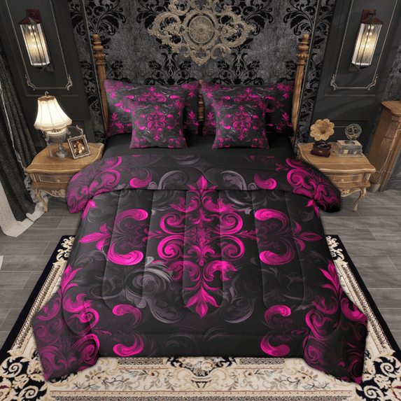 Manfei Bohemian Damask Bedding Comforter Set 7-Piece, Black Pink Floral King Bedding Sets, Hippie Victorian Flower Bed Sheets, Lightweight Room Decor
