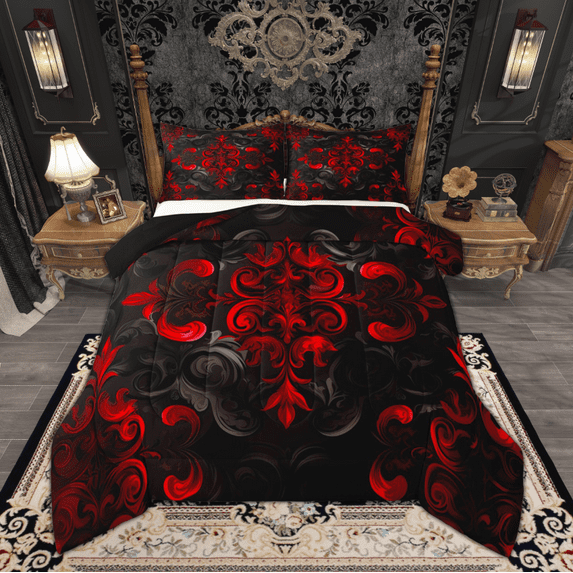 Manfei Bohemian Damask Bedding Comforter Set, Black Red Floral Twin Comforter Sets, Hippie Victorian Flower Bedding Set, Breathable Home Decor Reversible 2 Pieces
